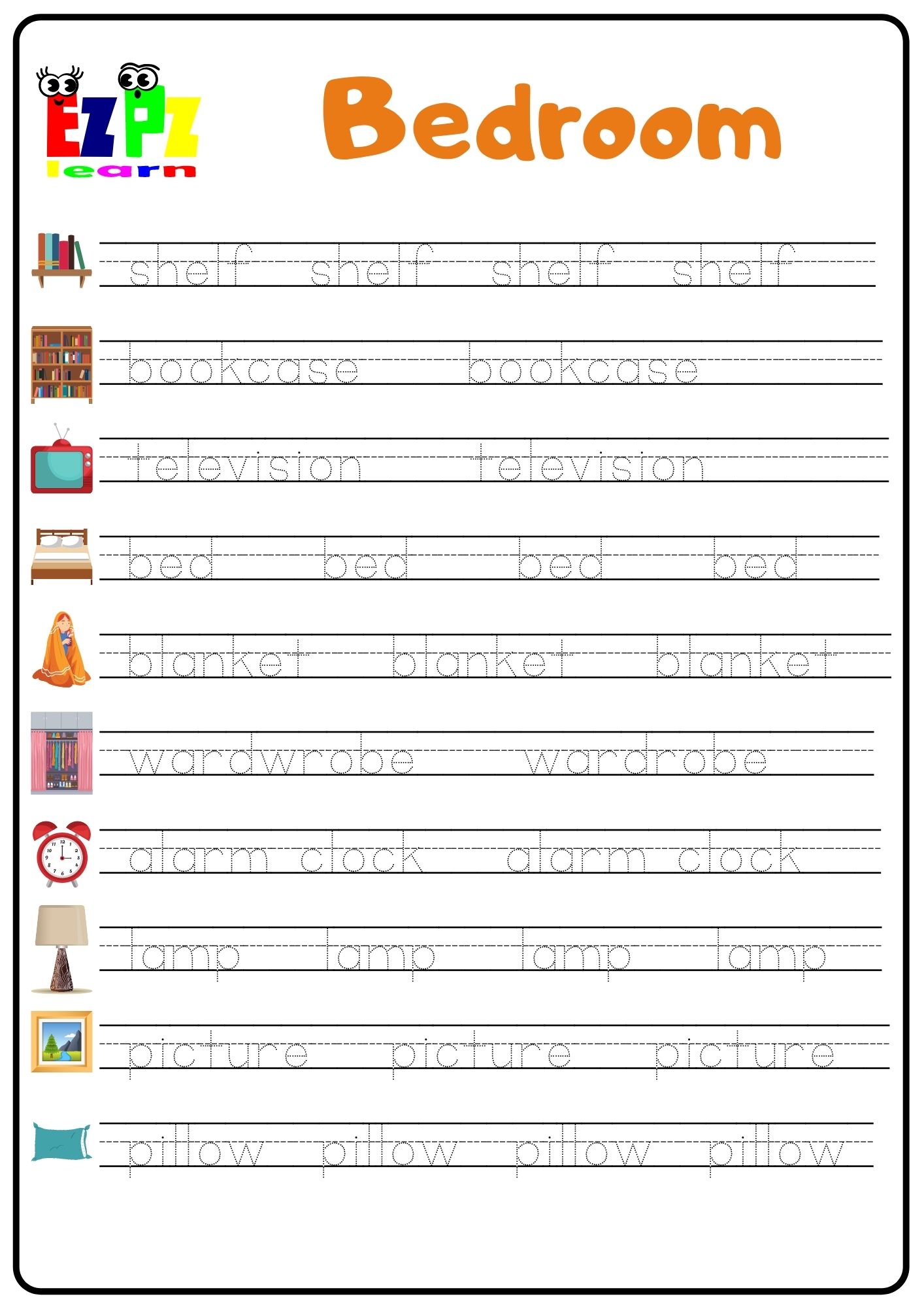 Bedroom Word Tracing Worksheet - Ezpzlearn.com